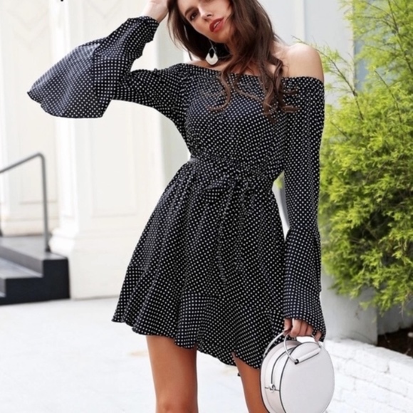 Off shoulder flare silky polka dot ruffle dress - Picture 3 of 8